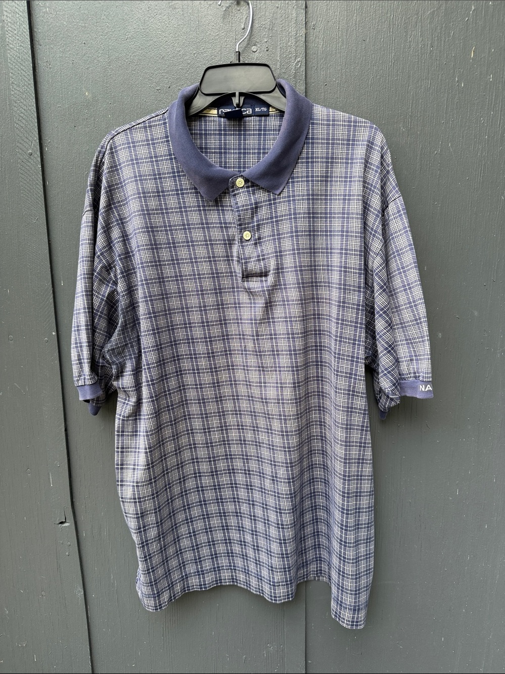 Nautica Blue Plaid Short Sleeve Polo with Contrast Collar
